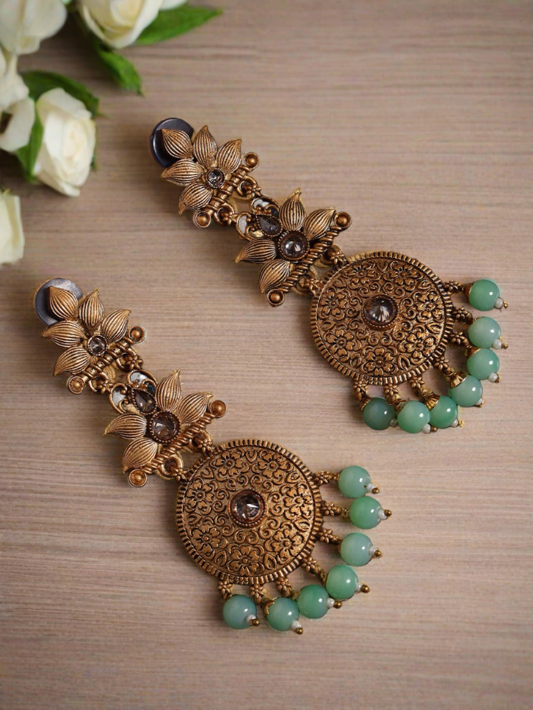 Antique Gold-Plated Textured Handcrafted Floral Pattern Classic Drop Earrings