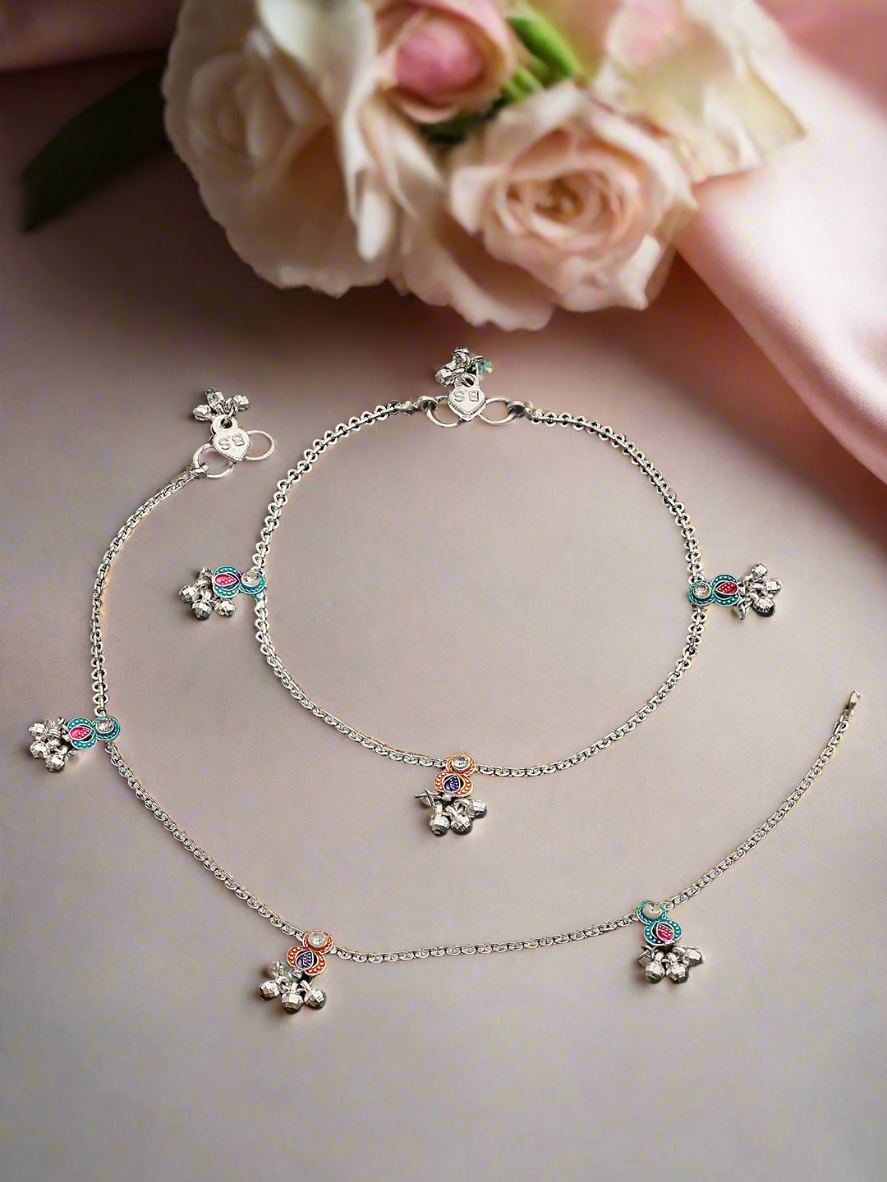 Aatmana Set Of 2 Silver-Plated Pink&Blue Anklets With Ghungroo