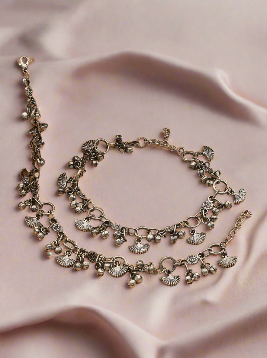 Set Of 2 Oxidised Silver-Plated & Ghungroo Charm Anklets