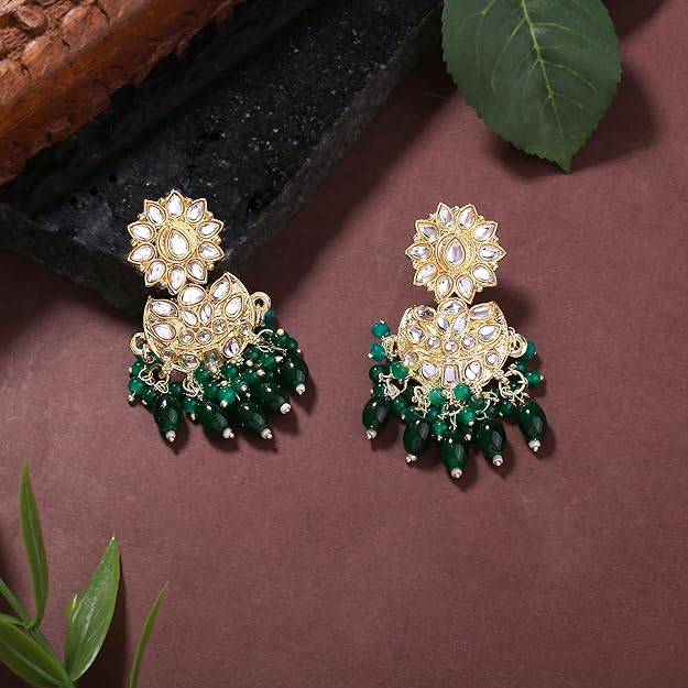 Jazz And Sizzle Green & Gold Plated Floral Shaped Drop Earrings