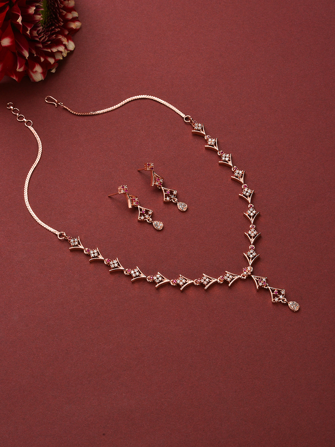 Rose Gold-Plated Ruby Ad-Studded Handcrafted Jewellery Set