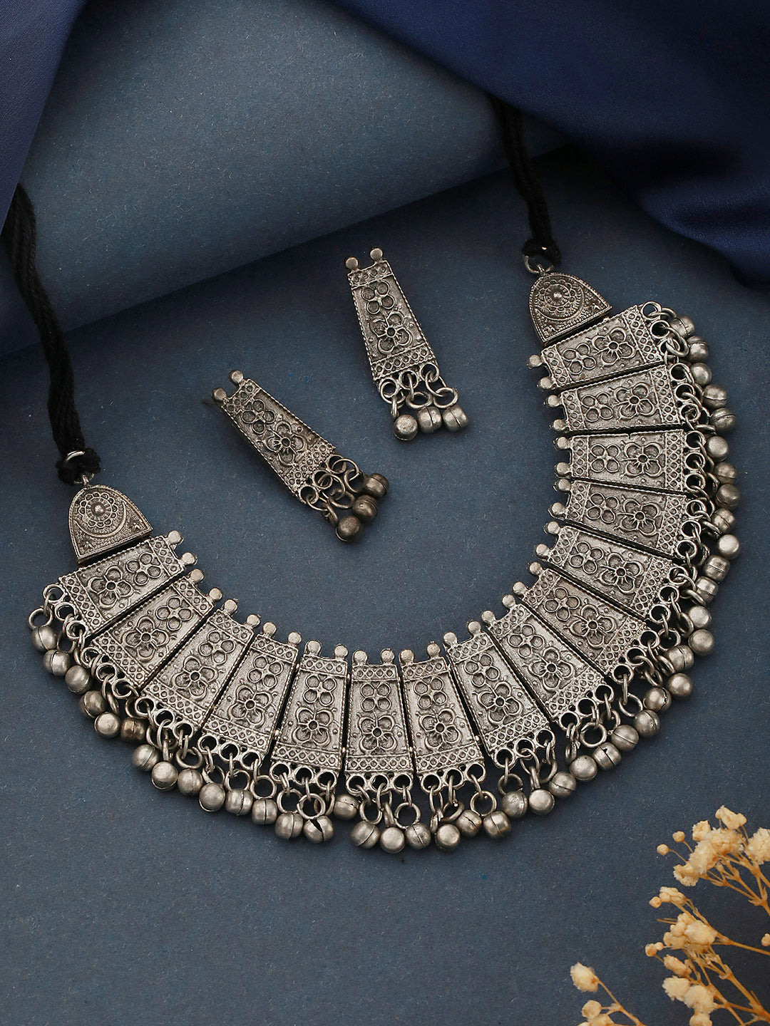 Silver-Plated Oxidised Beaded Necklace & Earrings