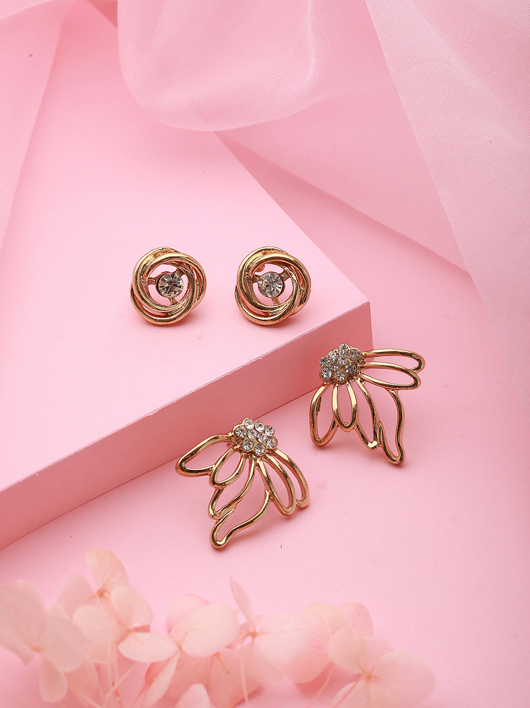 Set Of 2 Cz Studded & Gold Plated Classic Stud Earrings