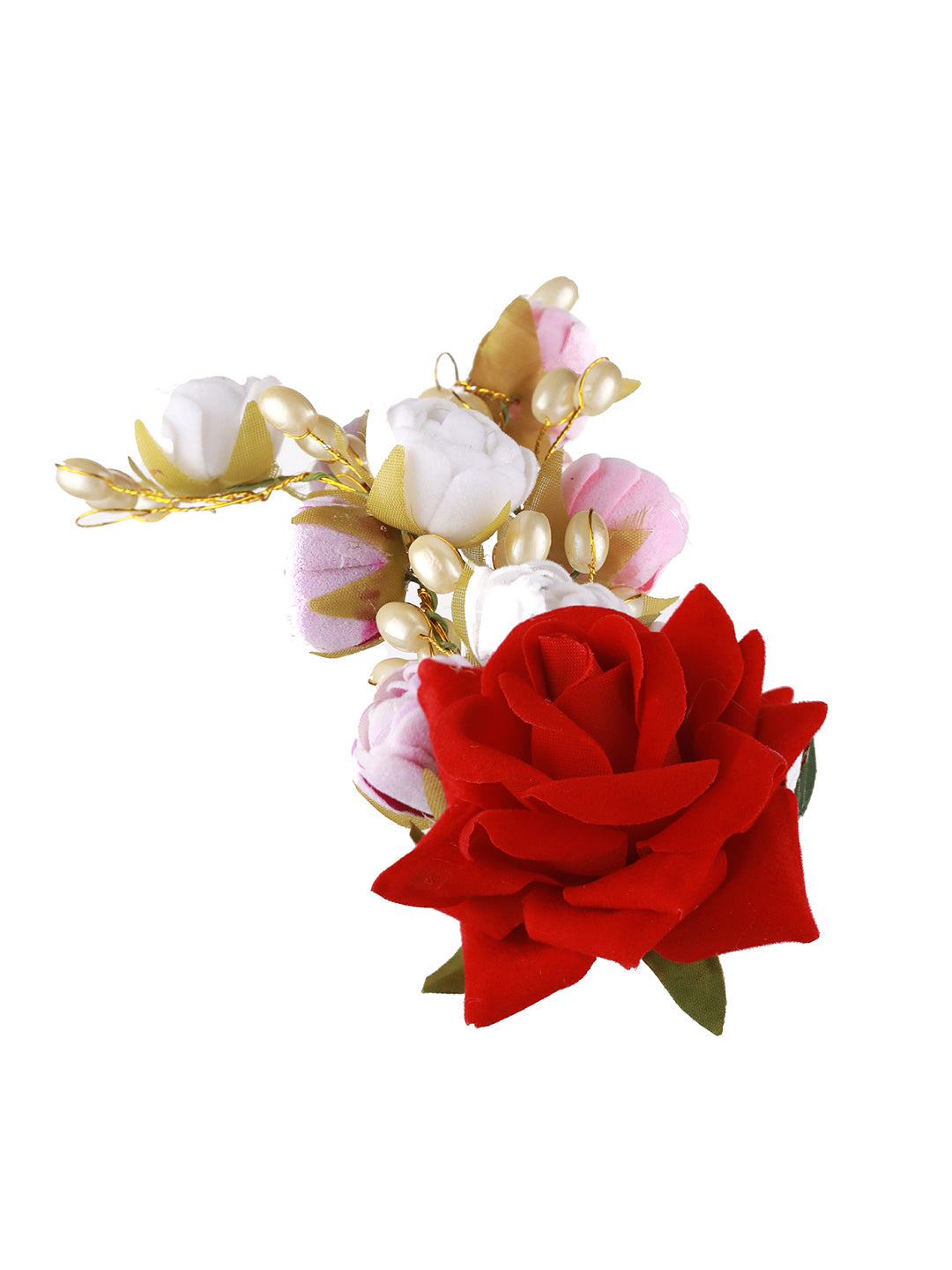 Women Red Rose Wth White & Mauve Embellished Artificial Flower & Pearl Beaded Gajra Designed Hair Pin