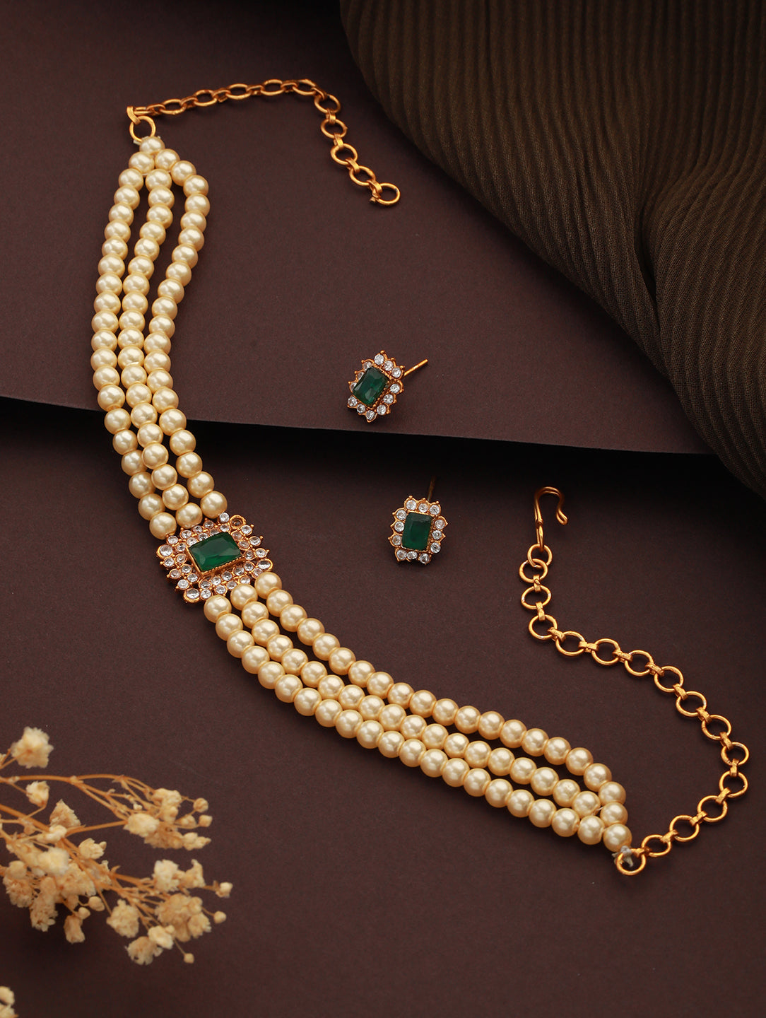 Gold-Plated Green Stone-Studded & Beaded Choker Necklace & Earrings