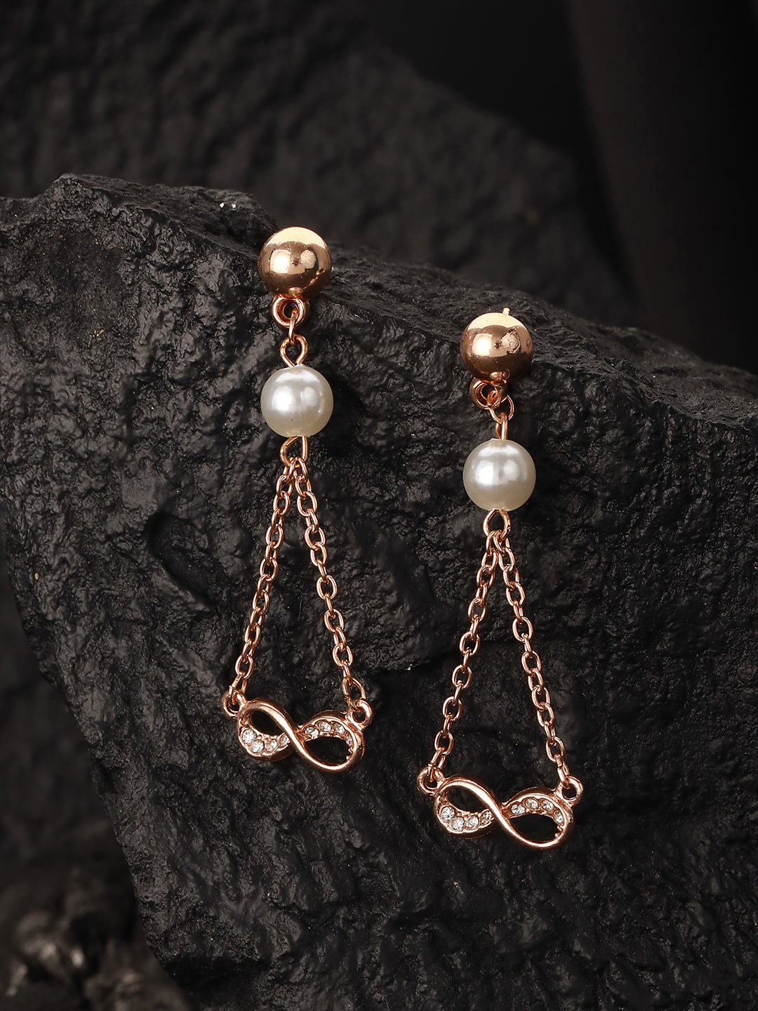 Rosegold Plated Cz & Pearl Studded Eveil Eye Drop Earrings