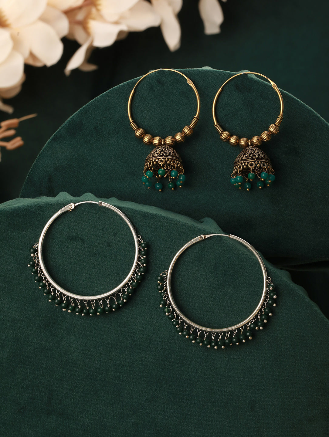 Set Of 2 Gold Plated & Green Pear Beaded Circular Shapes Hoop Earrings