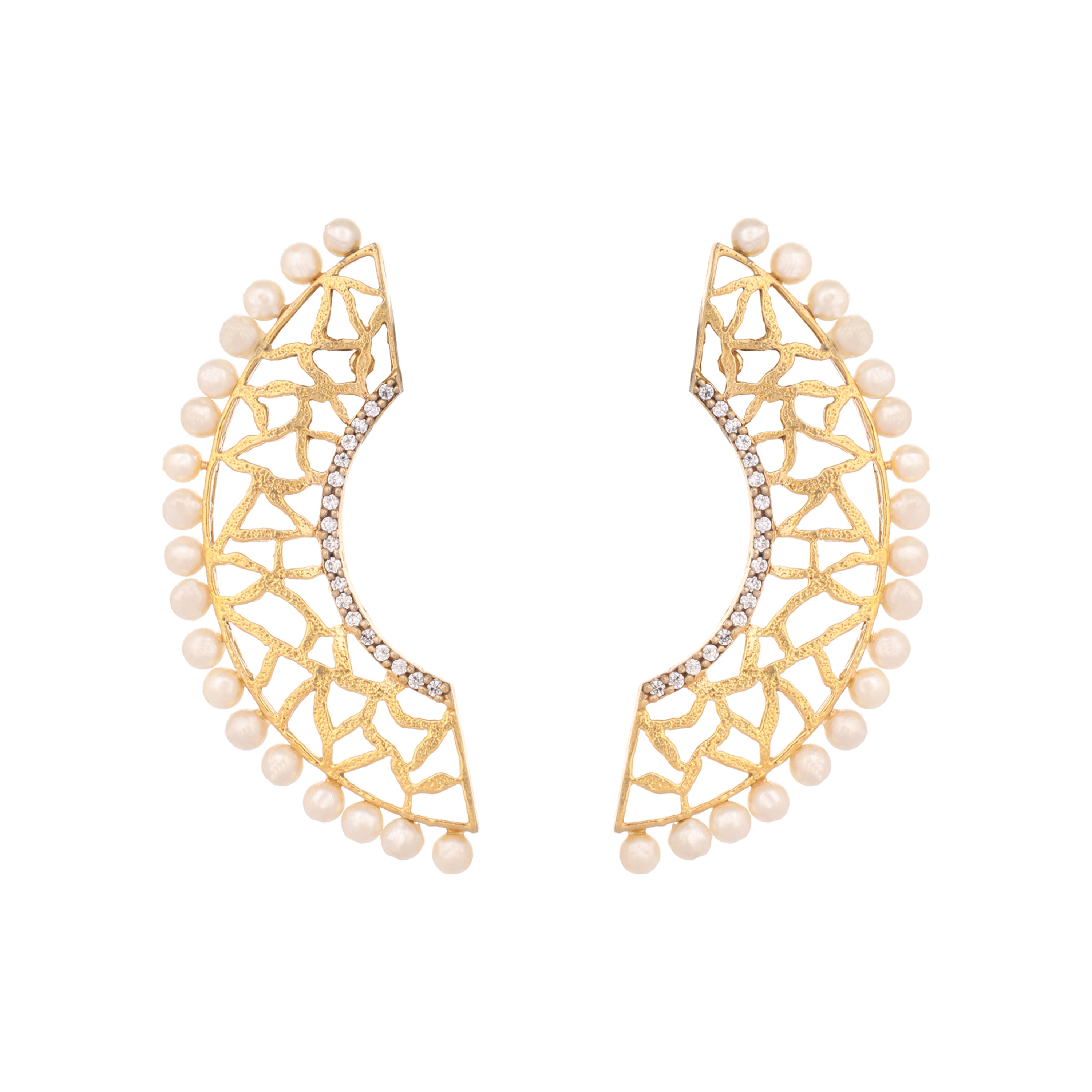 22K Gold-Plated Zircon Studded & Pearl Beaded Contemporary Shaped Statement Stud Earrings