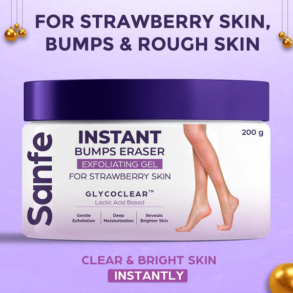 Sanfe Instant Bumps Eraser Exfolisting Gel For Rough & Bumpy Skin, Tan and Strawberry Legs Lactic Acid Bath to Remove Dirt, Dead Skin 200g for women for soft & bright skin