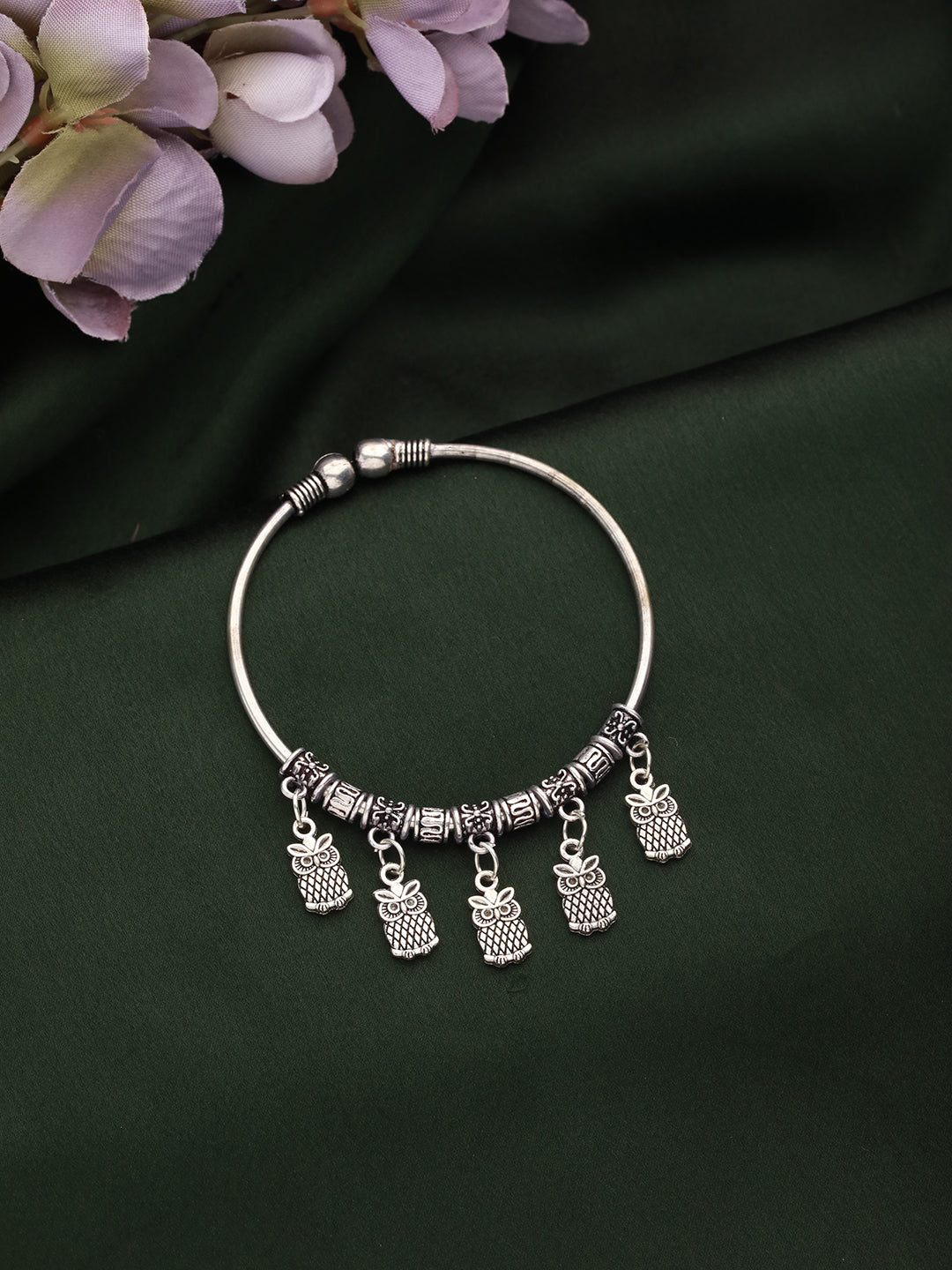 Silver-Toned Silver-Plated Oxidised Owl Charm Bracelet