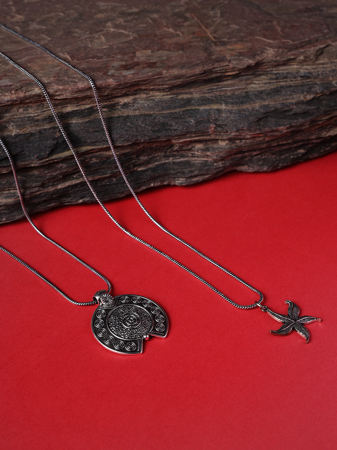 Set Of 2 Star & Geometrical Shape Oxidised Silver-Toned Textured Necklace
