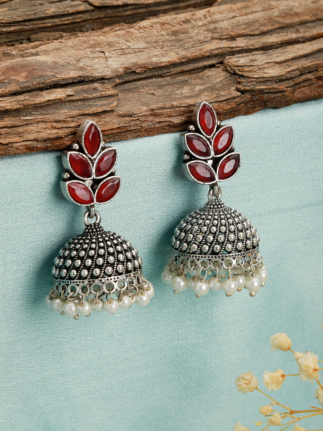 Silver-Plated Pearl Beaded & Maroon Stone Studded Handcrafted Dome Shaped Jhumkas