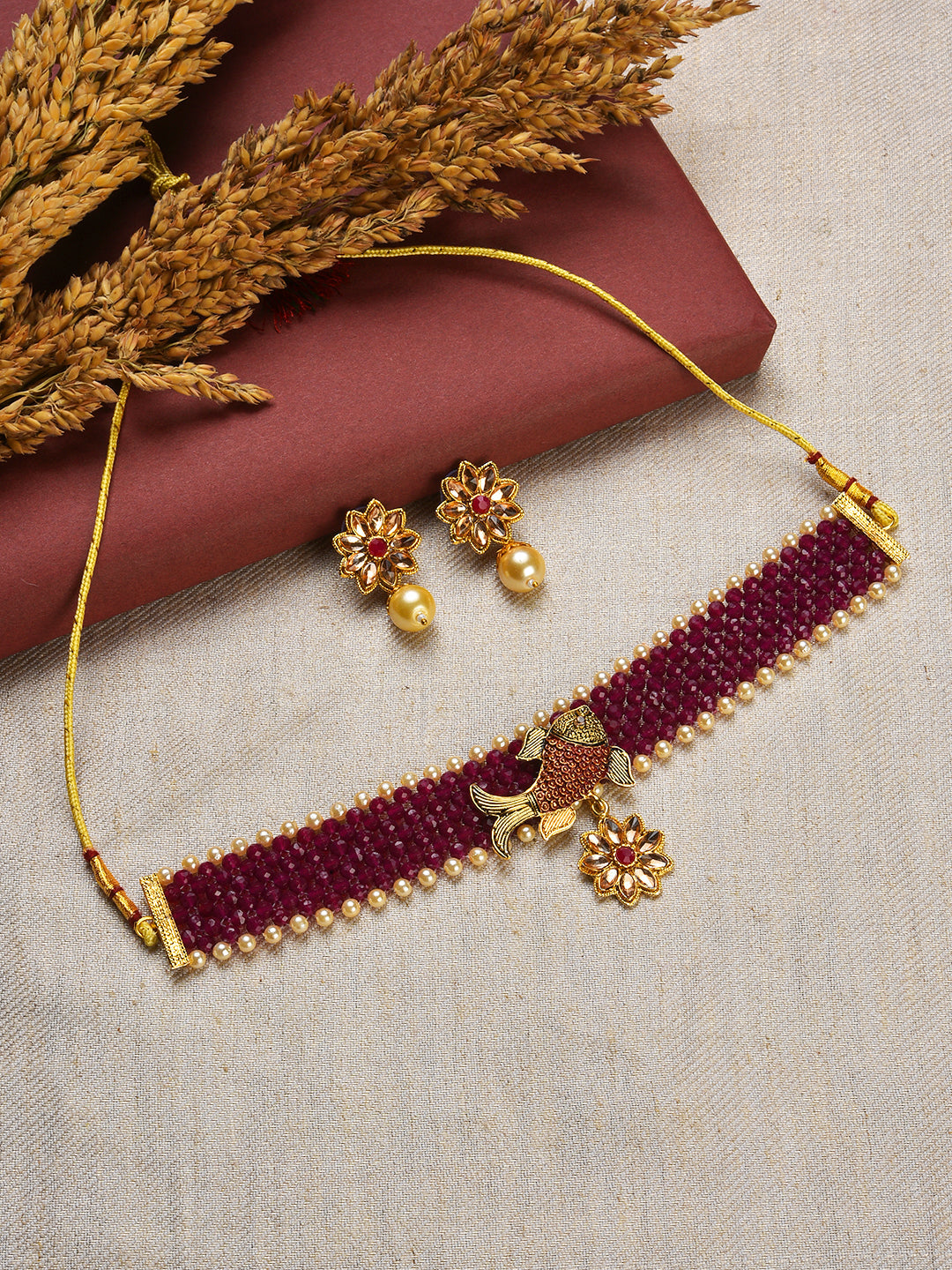 Gold-Toned & Mahroon Fish Studded & Beaded Jewellery Set