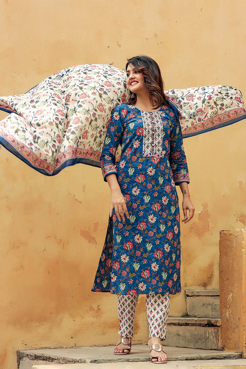 Blue Rayon Blend Floral Printed Straight Suit Set