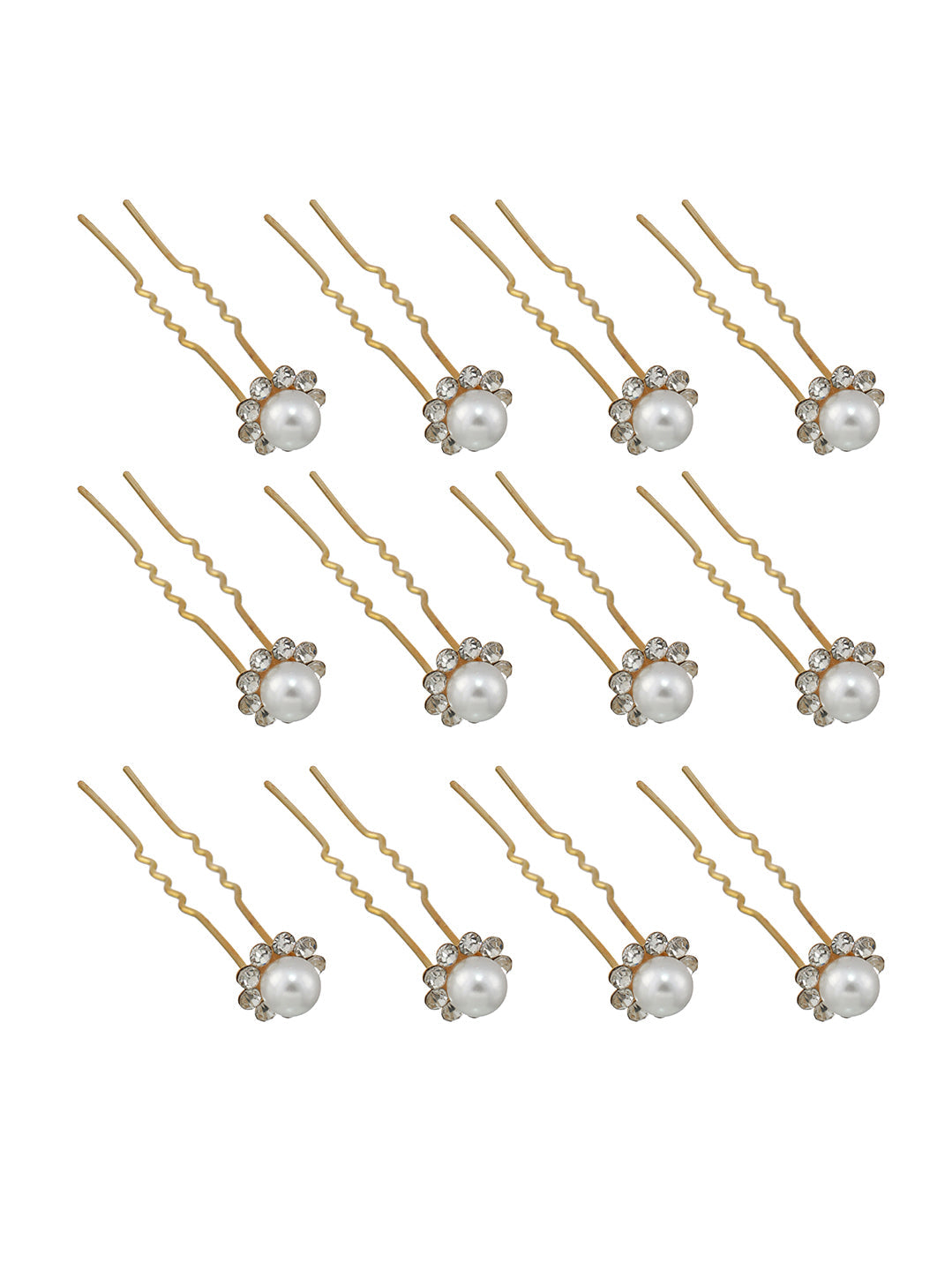 Women Set Of 12 Gold Plated & White Pearl Beaded U Pins