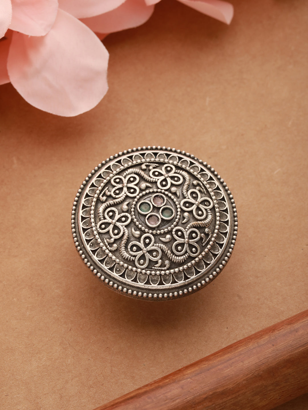 Silver-Plated Pink & Green Stone Studded Oxidised Textured Adjustable Finger Ring