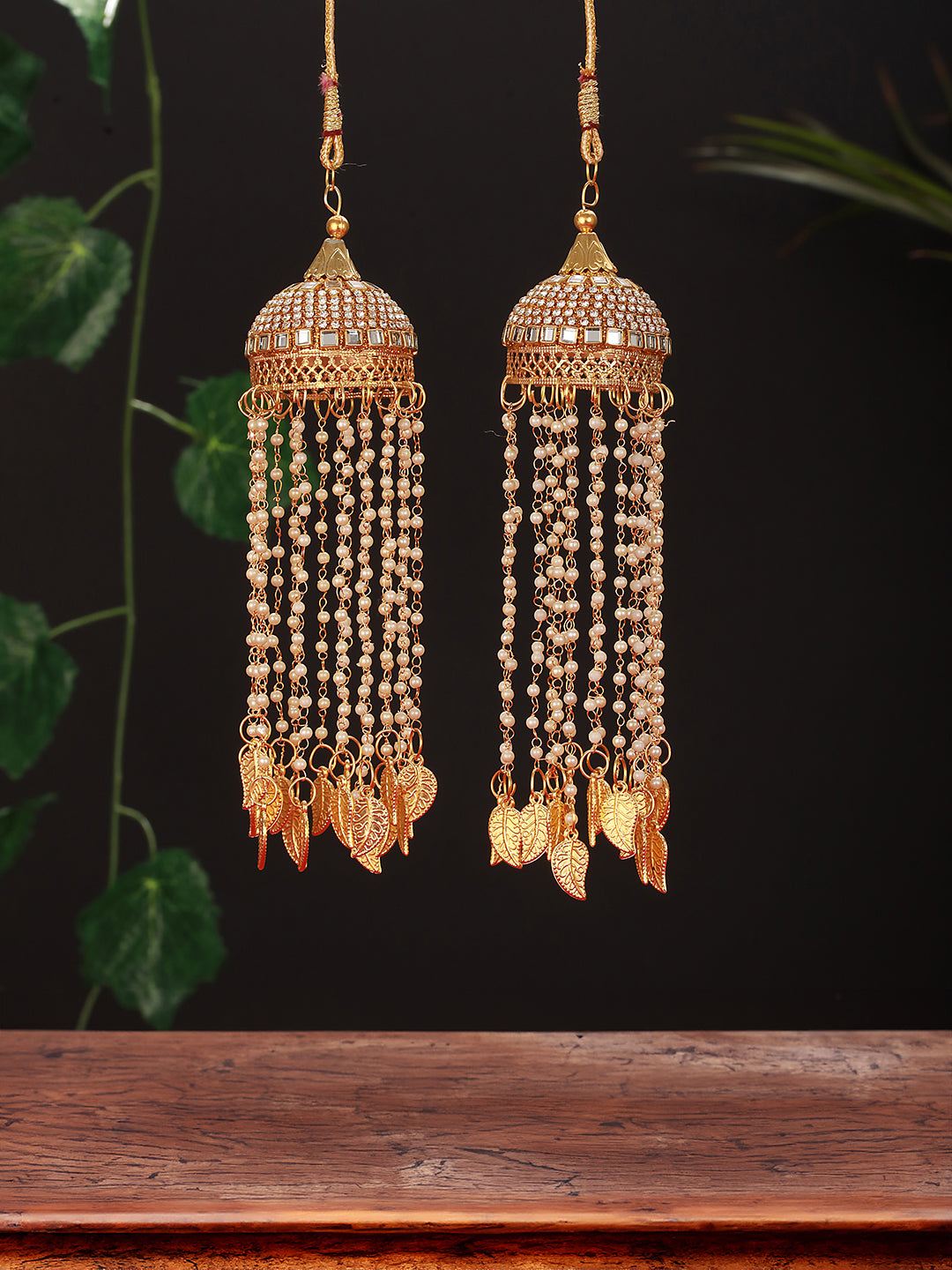 Pack Of 2 Gold Plated Stone Studded & Pearl Beaded Bridal Round Dome Kaleeras Secured With Drawstring Closure.