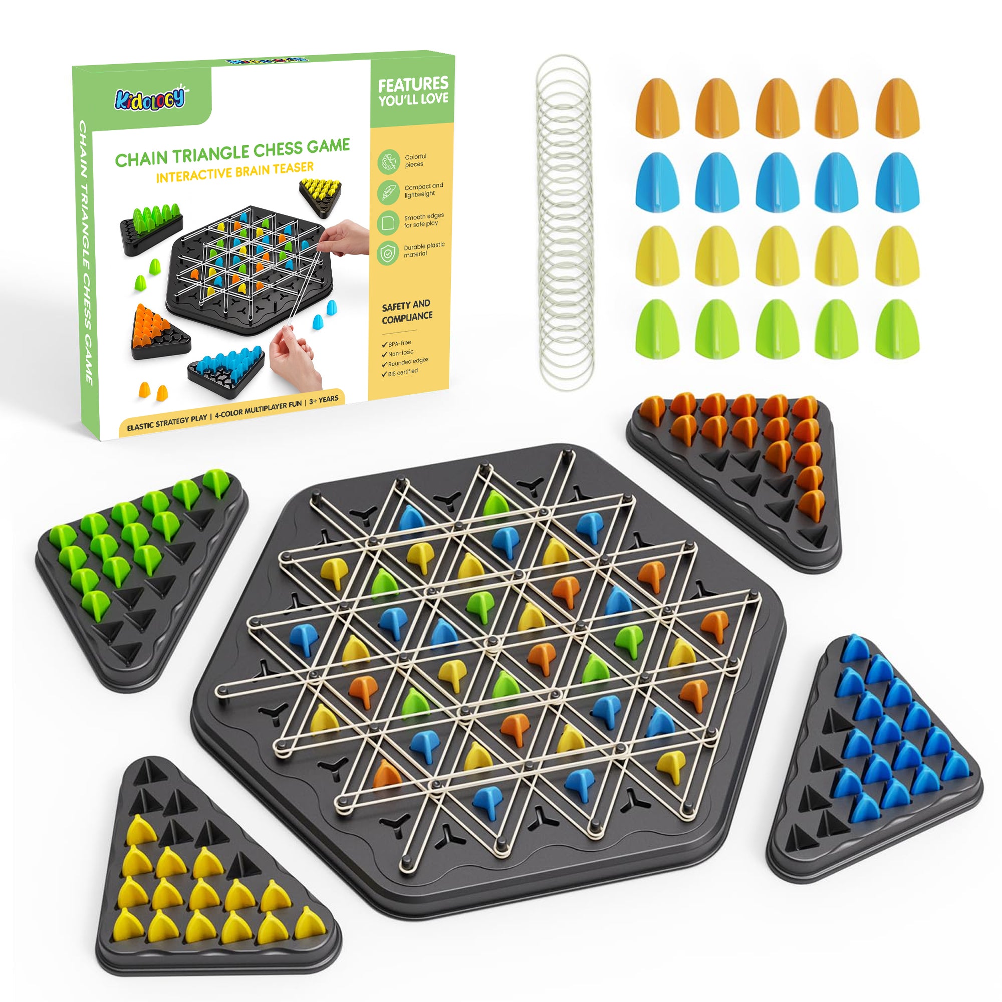 Kidology Chain Triangle Chess Game Triggle Rubber Band Game for Kids & Adults, Fun Family Board Game, Brain Teaser Puzzle, Interactive Chess Set for 2-4 Players, Multicolour