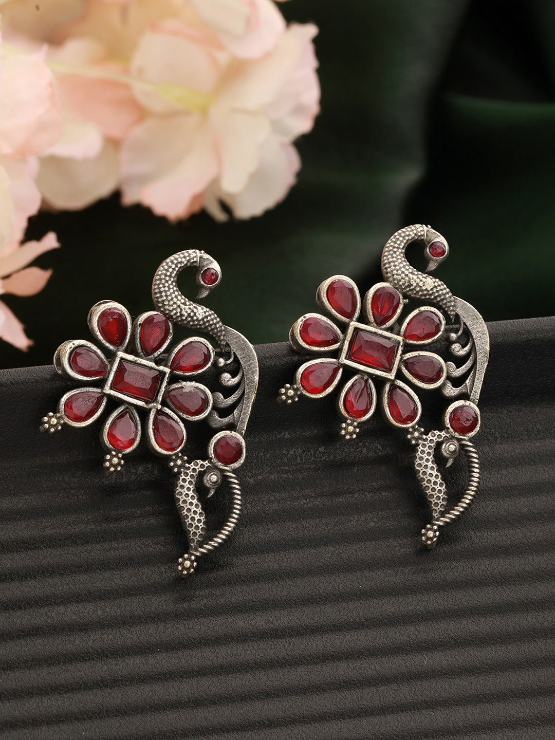 Silver Plated & Red Stone Studded Oxidised Peacock Shaped Drop Earrngs