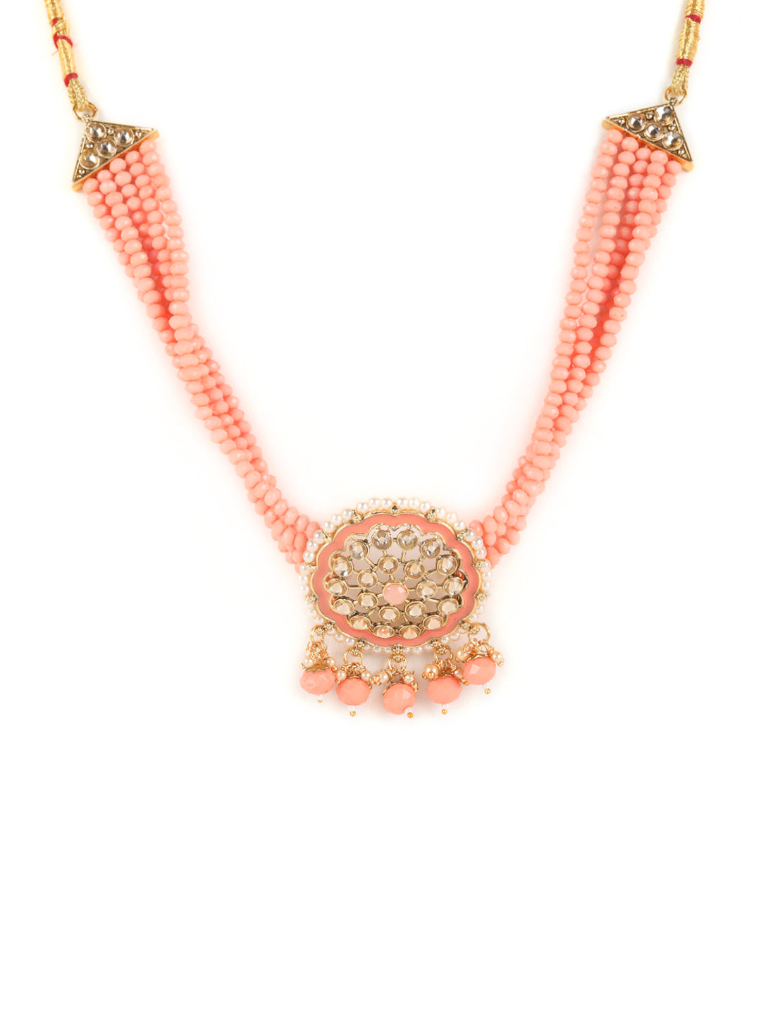 Peach Beads Kundan Gold Plated Traditional Choker Set With Maangtika