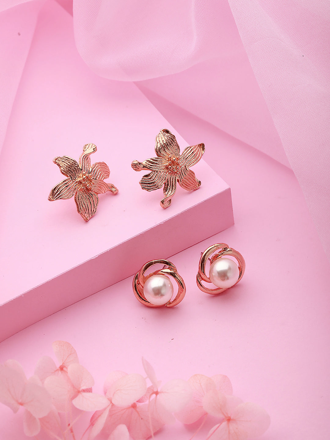 Set Of 2 Rose Gold Plated & Pearl Floral Stud Earrings