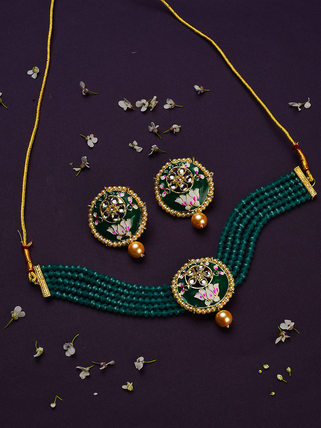 Gold-Plated White Kundan & Pearl Beaded Meenakari Jewellery Set