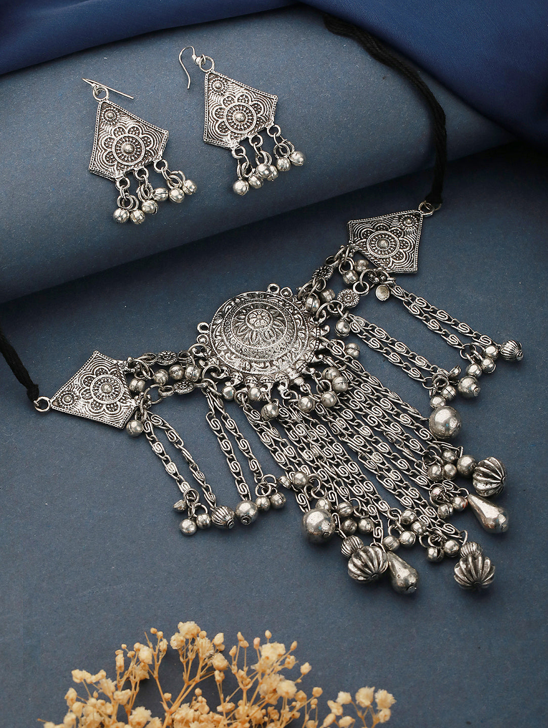 Silver-Plated Oxidised Beaded Necklace & Earrings
