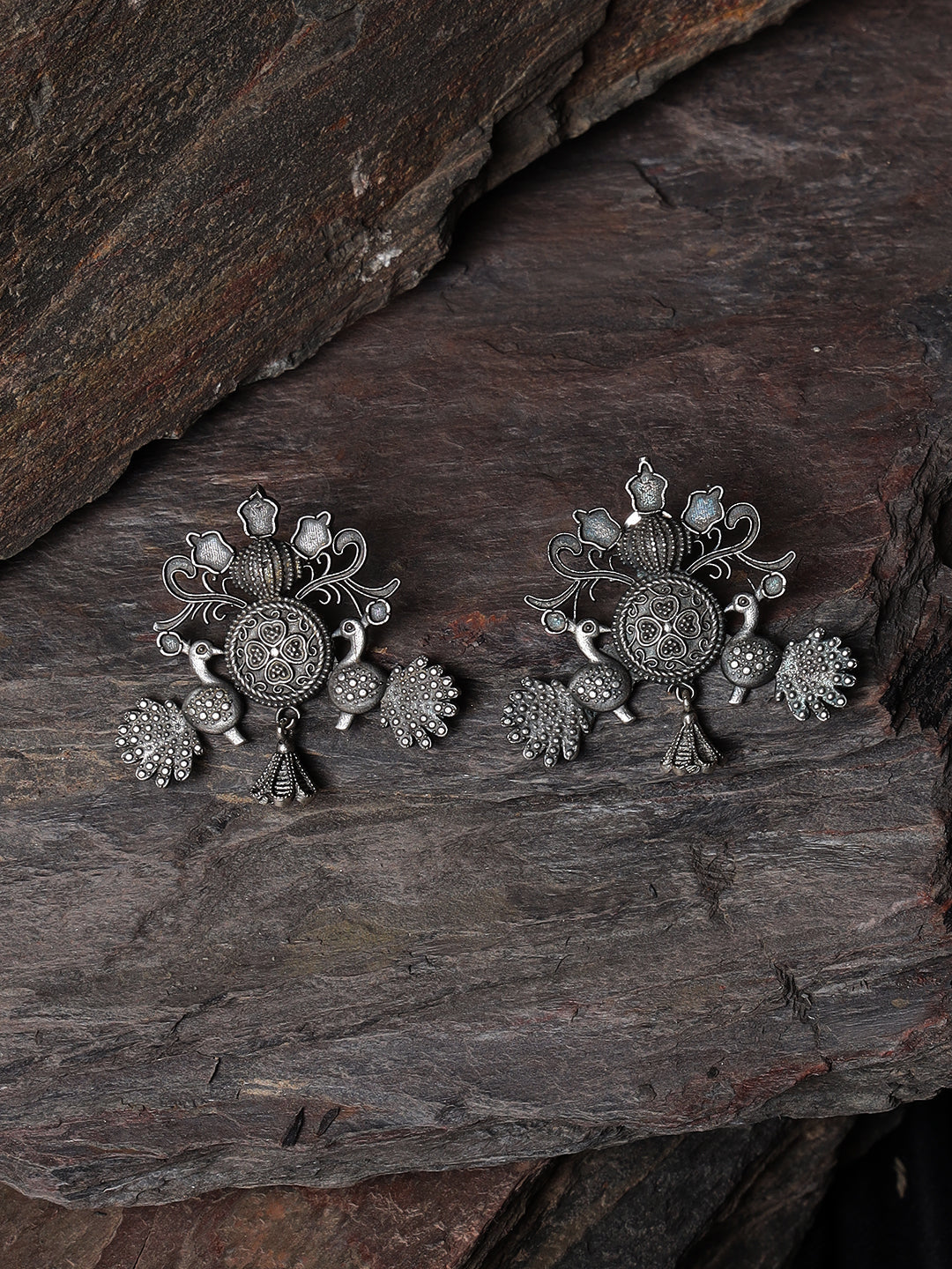 Silver-Toned Peacock Shaped Drop Earrings