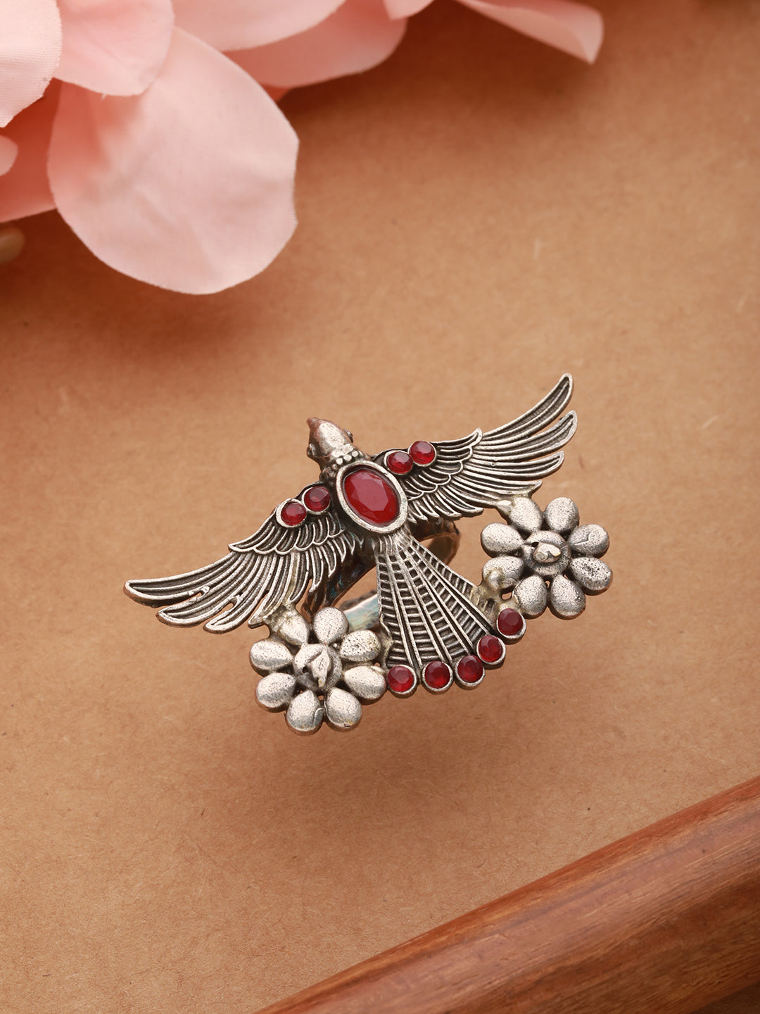 Silver Plated & Red Stone-Studded Oxidised Bird Shaped Adjustable Finger Ring