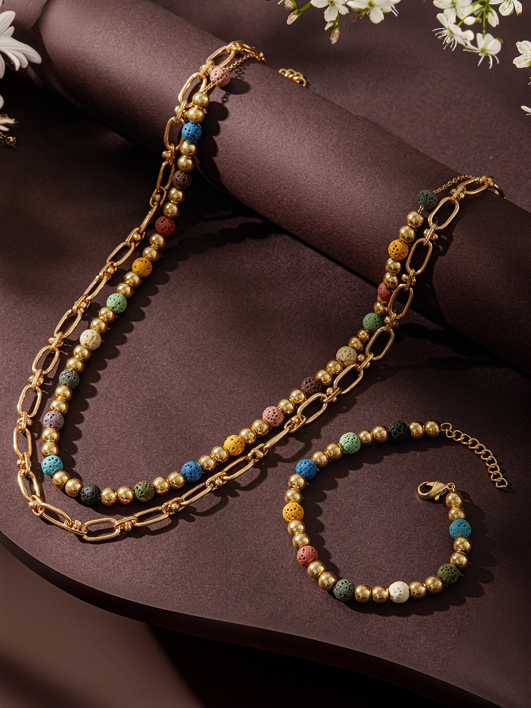 Jazz And Sizzle Set Of 2 Gold-Plated multi-colored beaded Necklace Chain & Bracelet