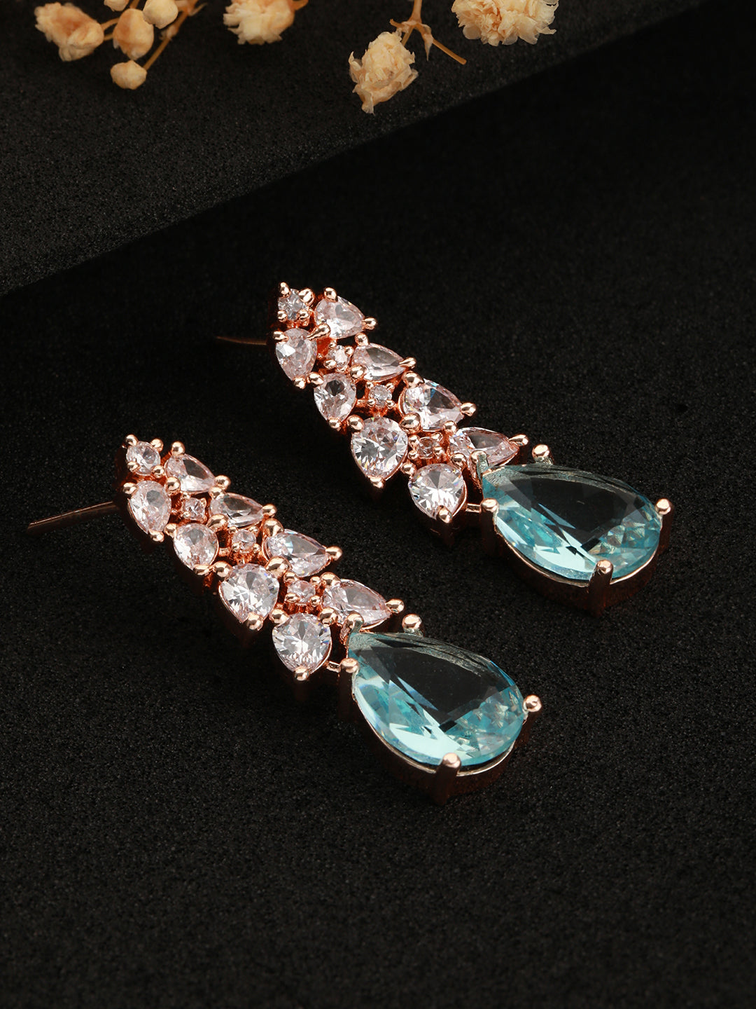 Rose Gold-Plated & Octa Blue Ad-Studded Handcrafted Teardrop Drop Earrings