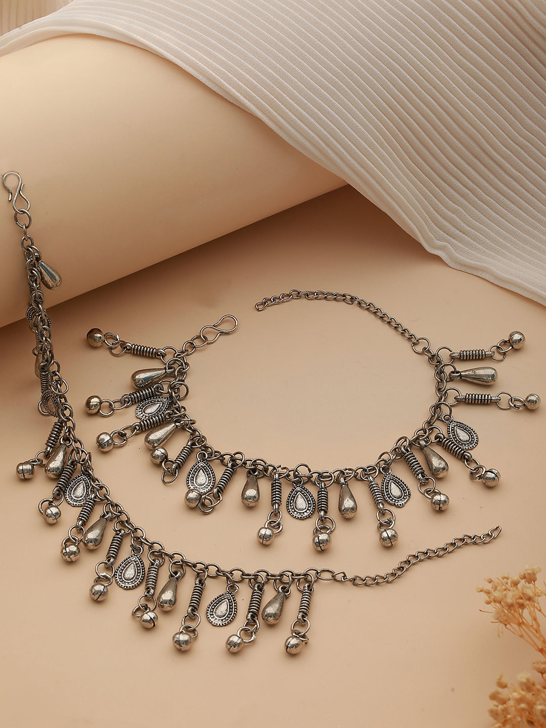 Set Of 2 Oxidised Silver-Plated & Heart Charm Ghungroo Anklets