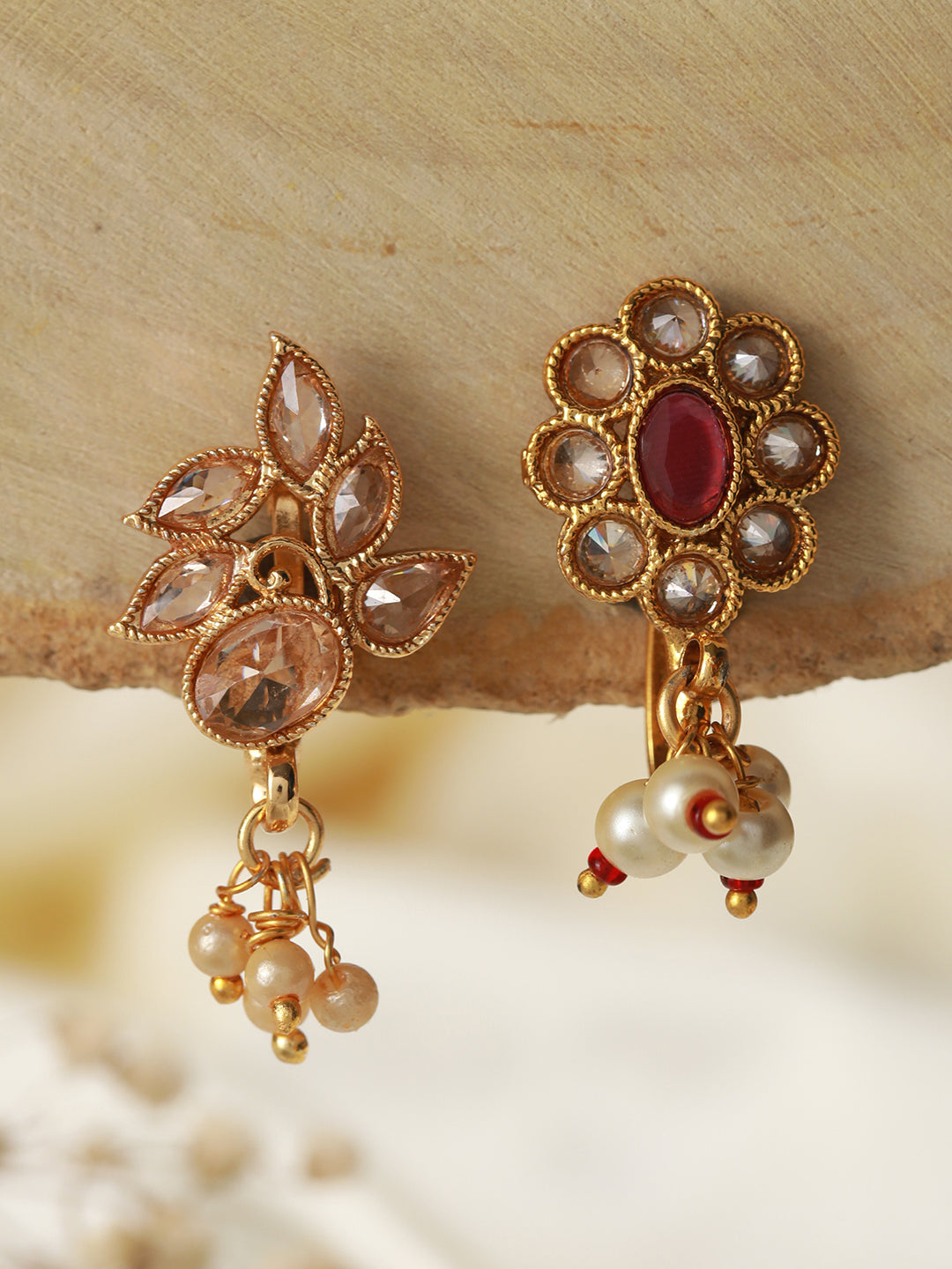 Set Of 2 Gold-Plated Red & White Kundan Studded Nose Pin