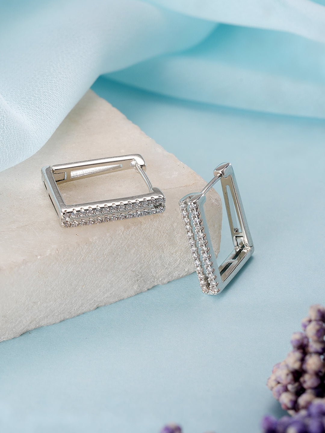 Jazz And Sizzle Silver Toned Rhodium Western Style Square Hoop Earrings