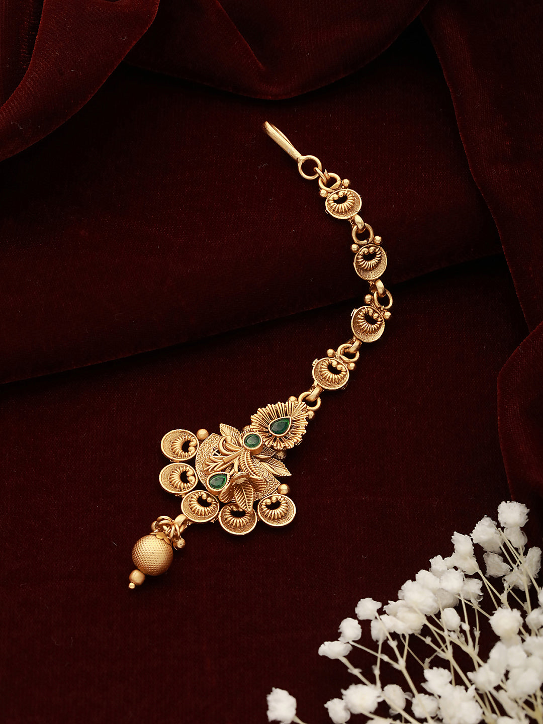 Gold-Plated Green Stone Studded Handcrafted Temple Maang Tikka