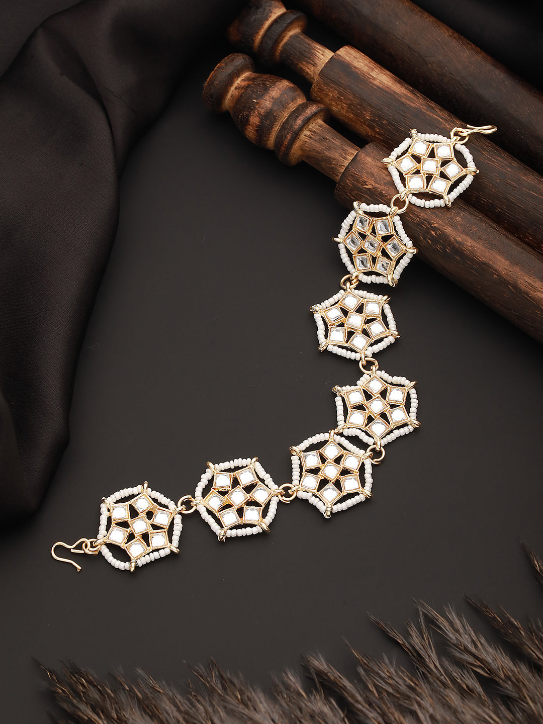 Gold-Plated White Kundan & Pearl Studded Sheeshphool Mathapatti