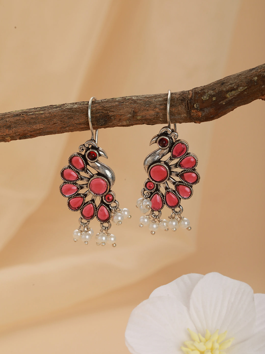 Silver-Plated Red Stone Studded & Pearl Beaded Peacock Shaped Drop Earrings