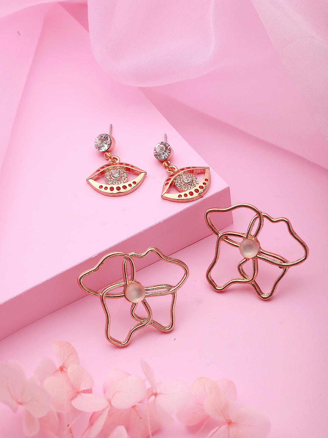 Set Of 2 Rose Gold Plated Evil Eye & Floral Drop Earrings