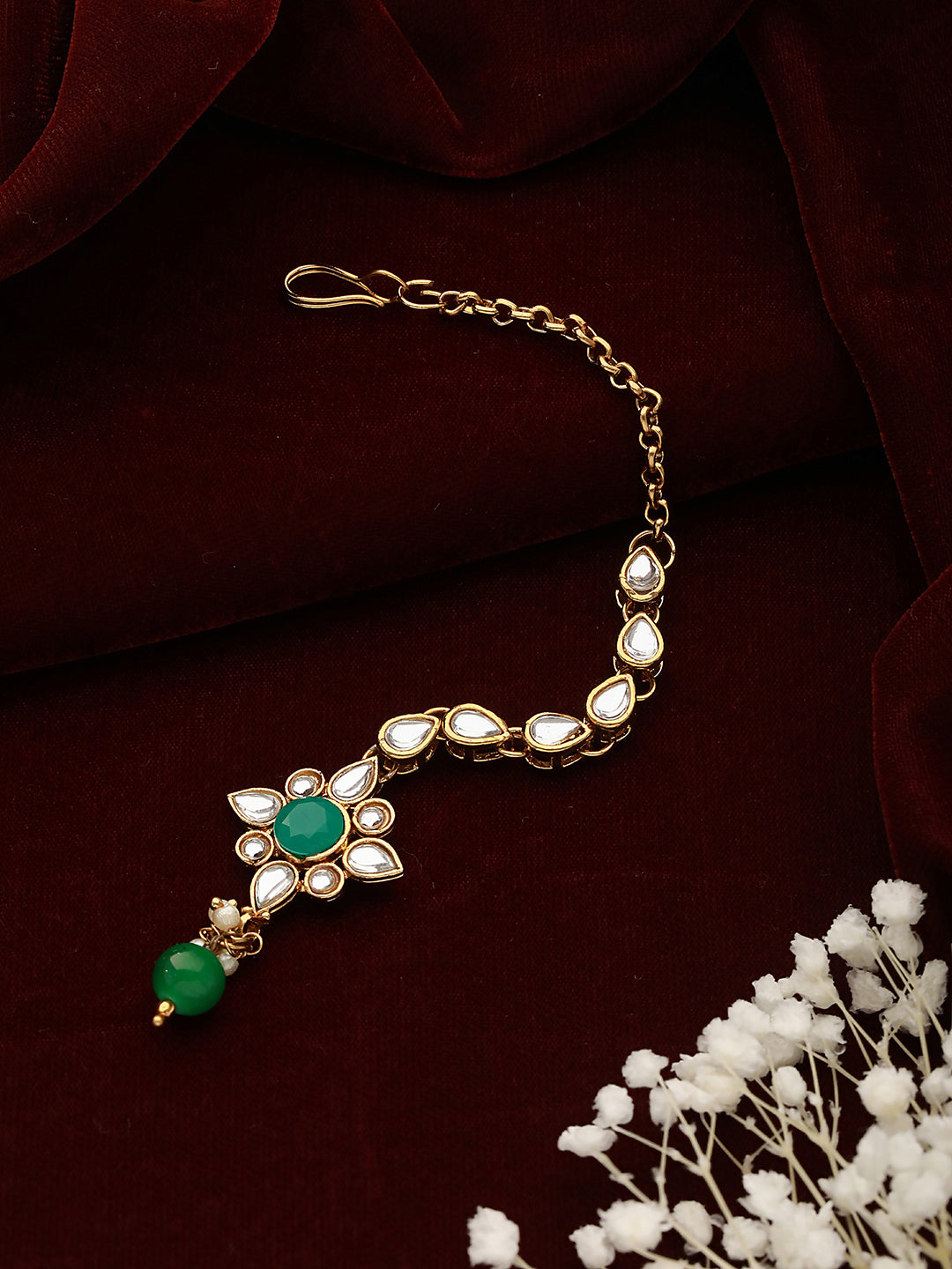 Gold-Plated Green & White Kundan And Pearl Maang Tika