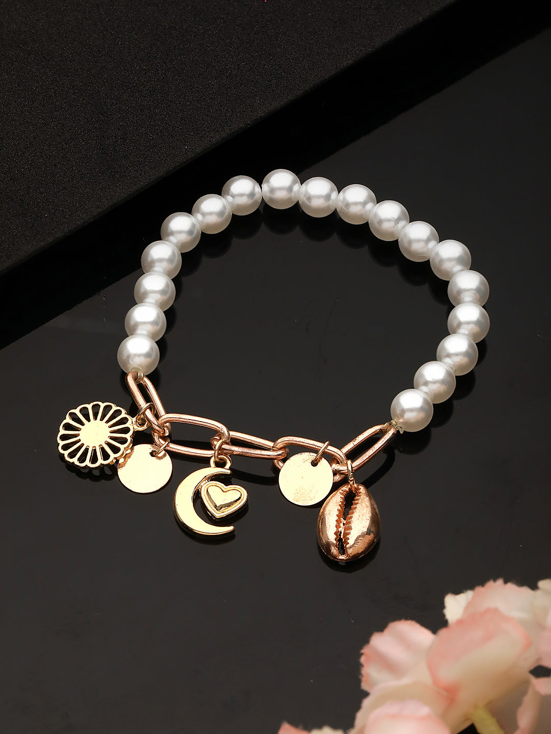 Gold-Toned Sea Shell Heart Moon & Pearls Hanging Charm Bracelet