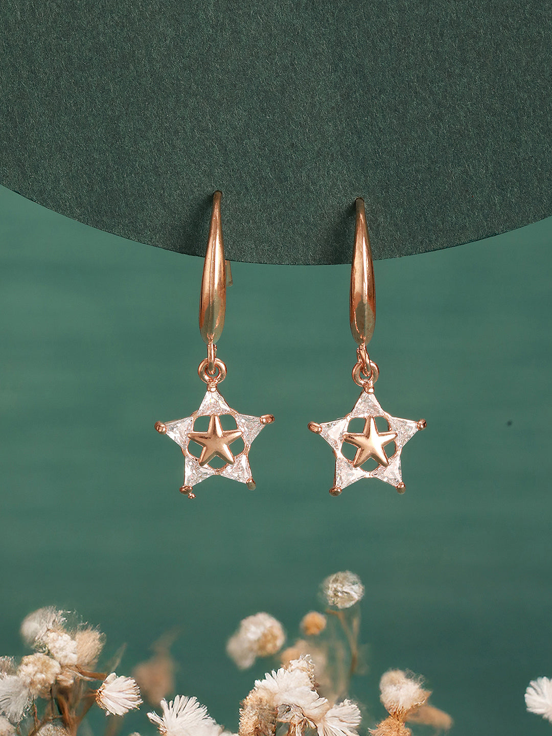Jazz And Sizzle Rose Gold-Plated Star Shaped Americian Diamond Drop Earrings