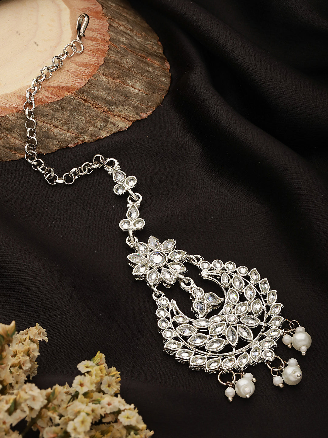 Silver-Plated White Ad-Studded & Pearl Drop Handcrafted Maang Tikka
