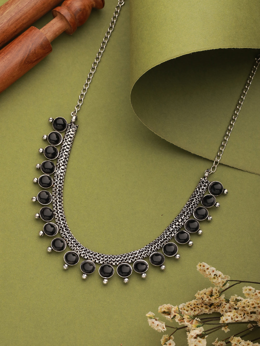 Silver Plated Black Stone Studded Oxidised Necklace