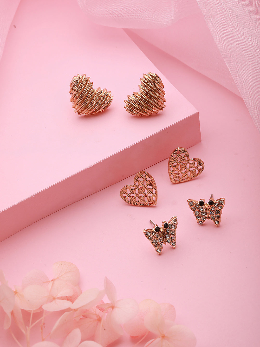 Set Of 3 Gold-Plated Heart Shaped Stud Earrings