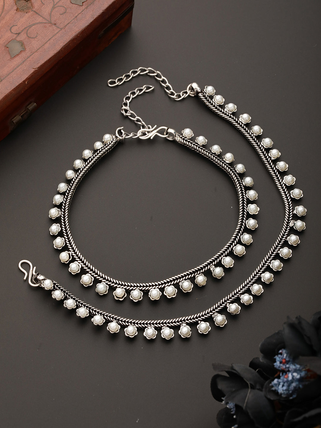Set Of 2 Silver-Plated & Handcrafted Pearl Anklets