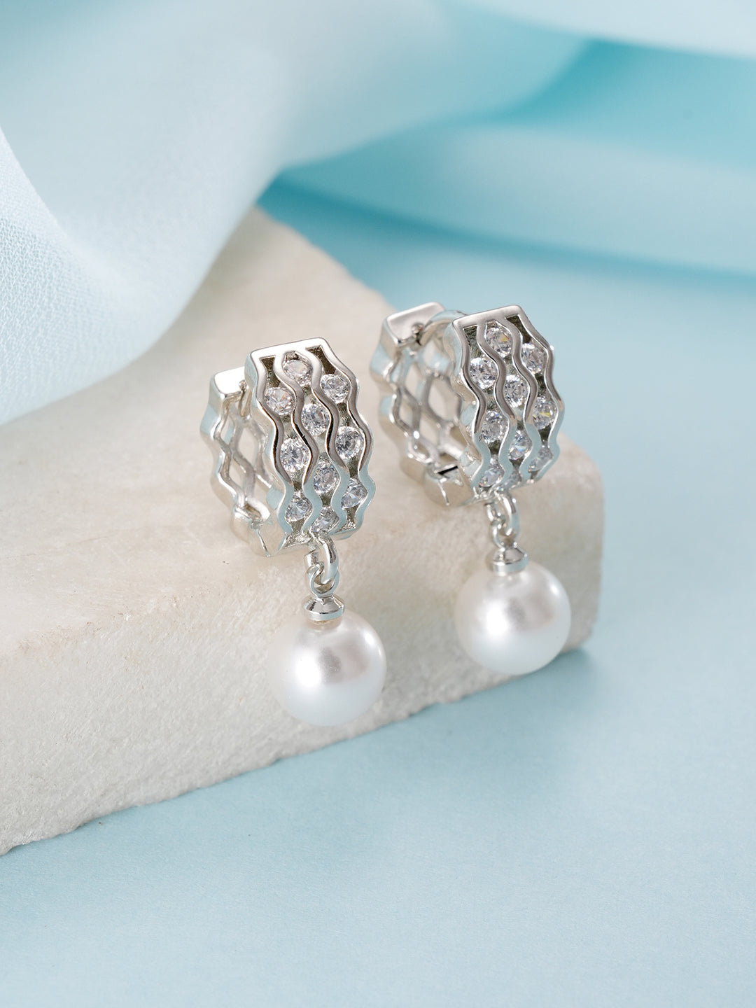 Jazz And Sizzle Silver Plated Pearl Beaded Contemporary Hoop Earrings