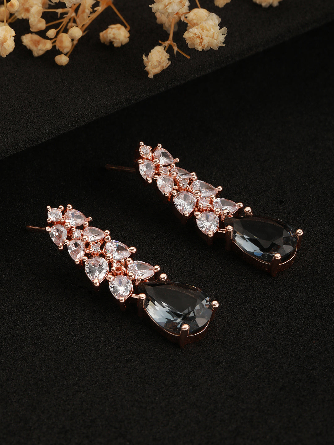 Rose Gold-Plated & Grey Ad-Studded Handcrafted Teardrop Drop Earrings