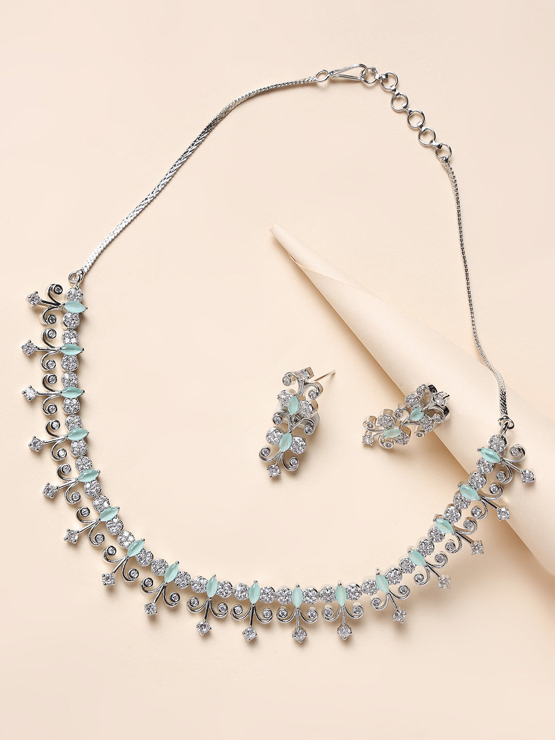Silver-Plated White & Sea Green Ad-Studded Handcrafted Jewellery Set