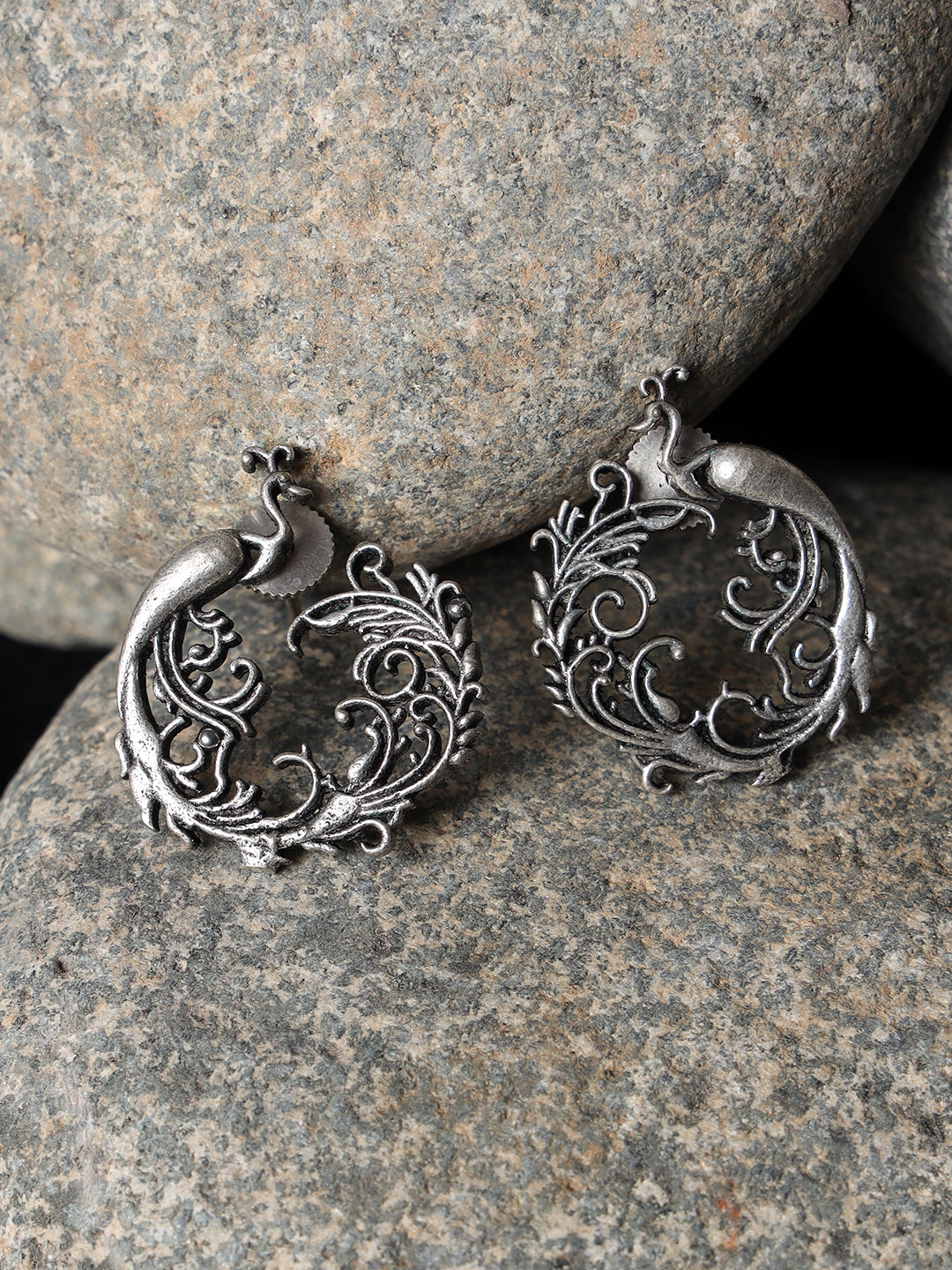 Handcrafted Peacock Shaped Oxidized Stud Earrings