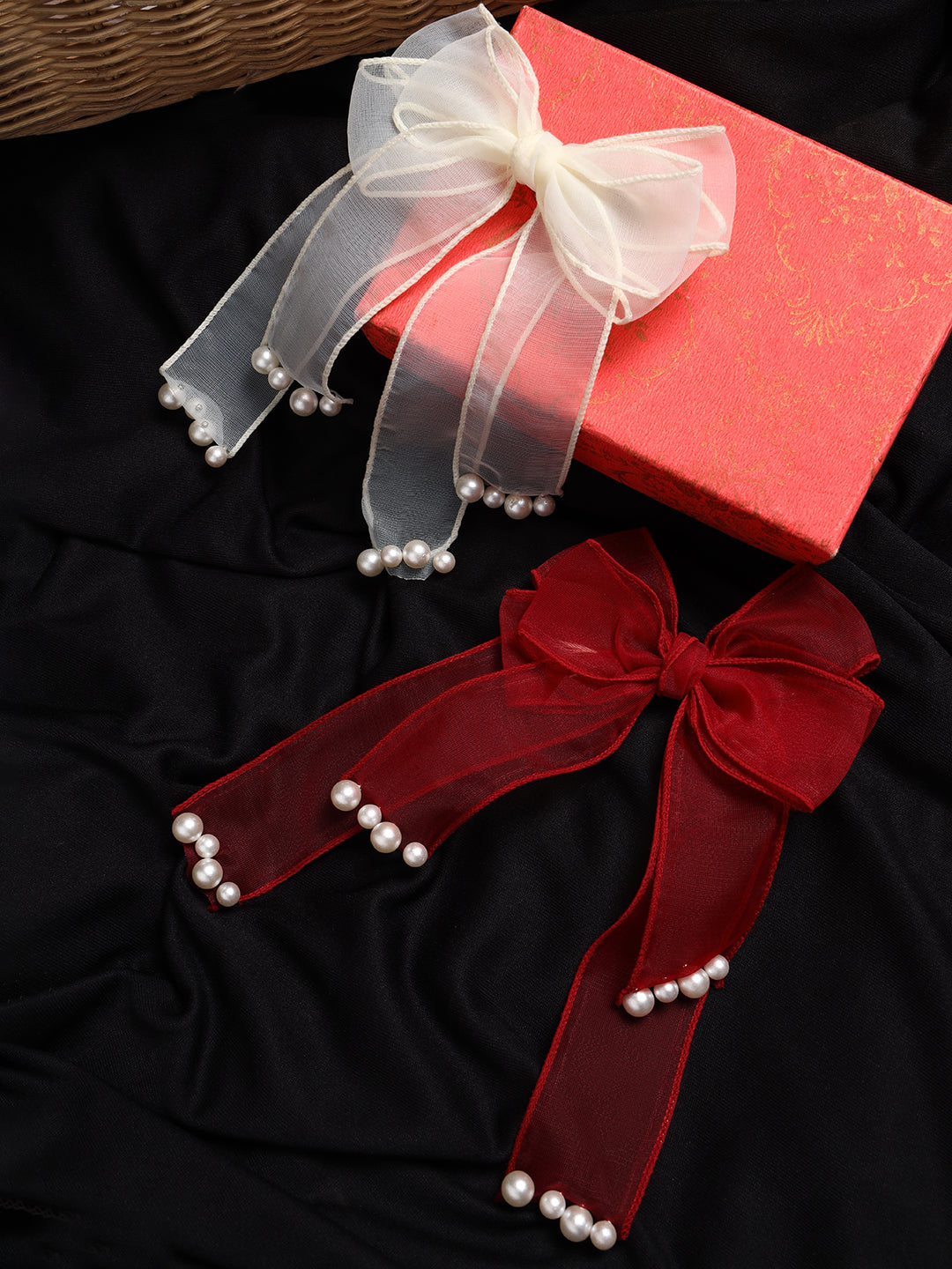 Red & White Set Of 2 Handcrafted Bow Shaped Alligator Hair Clip